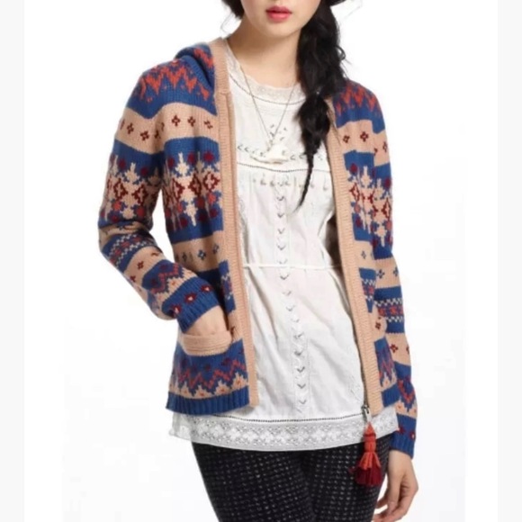 Anthropologie Sparrow Fair Isle Aztec Hooded Zip Wool Cardigan Cloud 9 Kayla - Picture 4 of 14